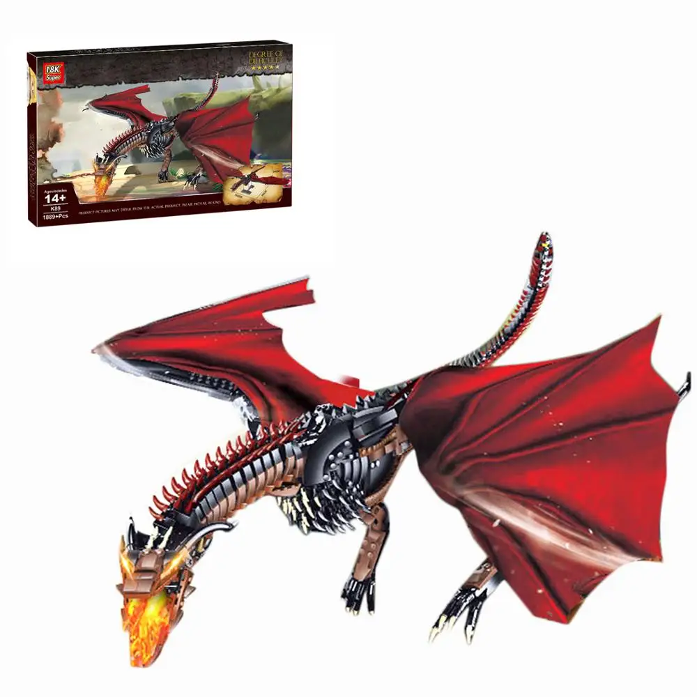 

1889Pcs Western Myth Ice Dragon Shape DIY Building Block MOC Small Particle Stem Toy with Base Holder - Red/Blue