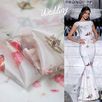 

Floral and butterfly print silk organza satin fabric animal and plant design,SOZ180