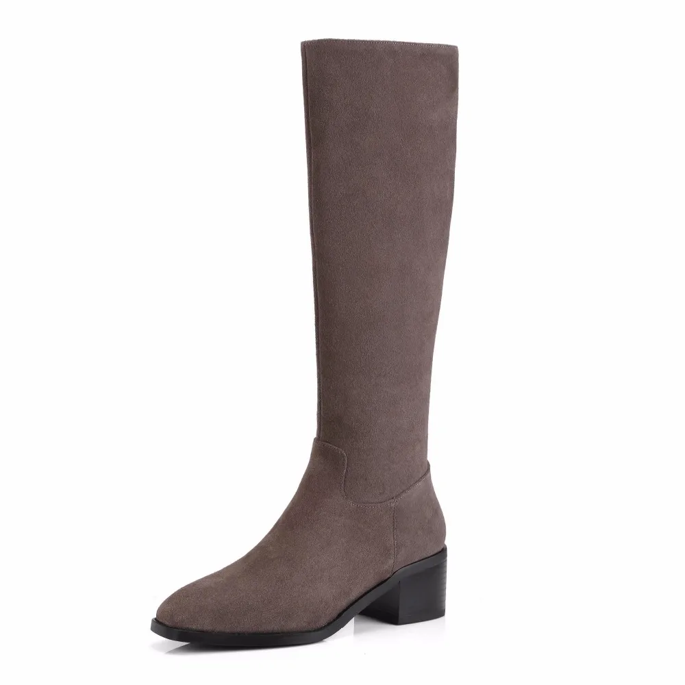 

2019 Concise Natural Full Leather Cow Suede Women Boots Med Heels Zipper Classic Knee High Riding Boots Ladies