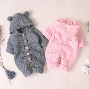 

New Autumn Newborn Infant Baby Girls Boys Clothes 0-24M Long Sleeve Knitted Solid Print Hoodie Rompers Sweater Kids Jumpsuit