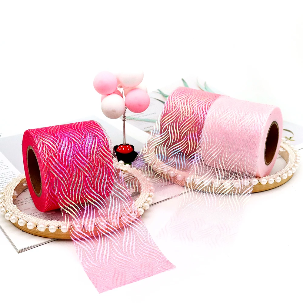 6cm 25Yards Illusory Organza Tulle Ribbon Water Wave Patern Mesh Tape Iridescent Color Fabric DIY Handmade Hairclips Bowknot ribbon decoration ribbon supplies organza ribbon fabric craft supplies