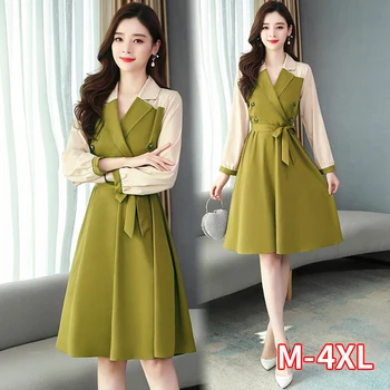 

Vestido De Festa 2020 Spring Autumn Elegant Patchwork A-Line Dress Bodycon Long Sleeve Turn-down Collar Party Plus Size Dresses