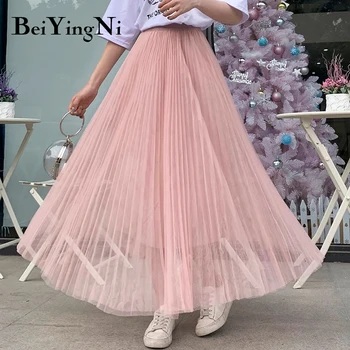 

Beiyingni Tulle Skirt Women 2020 Fashion Casual Boho Stretch Long Maxi Black Skirts Mesh Retro Lining High Waist Faldas Mujer