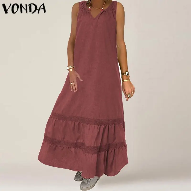 

VONDA Women Dress Plus Size 2019 Summer Sexy Sleeveless Maxi Long Dress Casual Vintage Solid Vestido Bohemian Sundress Femininas