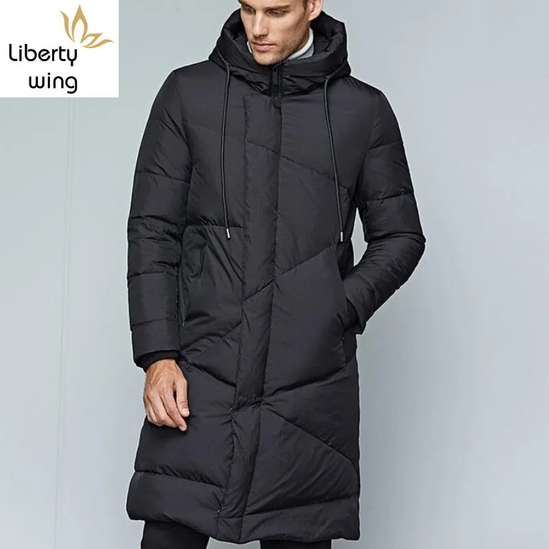 

High Quality Classic Black Business Men Down Jacket Loose Fit Winter Thicken Warm Mens Overcoat Casual Hooded Long Coat Parkas