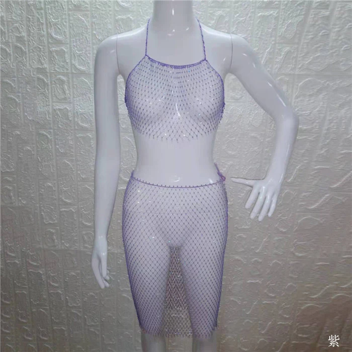 Purple Блестящий, бриллиантовый, два Женский комплект 2 шт., сексуальный, с лямкой на шее, на спине, с вырезами, укороченный топ, популярная юбка, для ночного клуба, женская мода, комплект из 2 предметов - Цвет: Purple