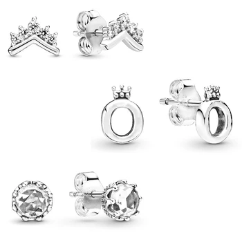 

NEW 100% 925 Sterling Silver earring Original Polished Crown O Sparkling Crown Tiara Wishbone Stud Earrings for Women Jewelry