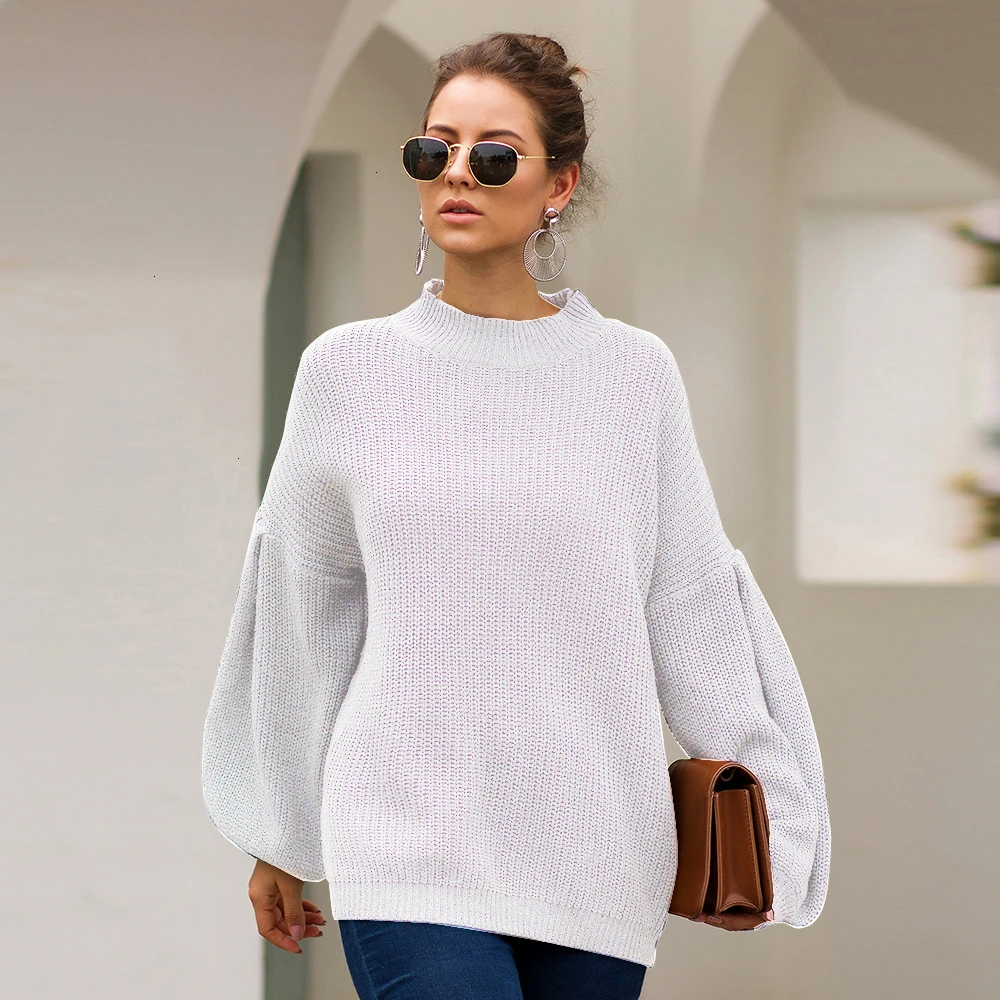 

Women Half High Collar Lantern Sleeves Casual Pullover Ladies Simple Cotton Solid Knitted Sweater Autumn Winter 2020 Pull Femme