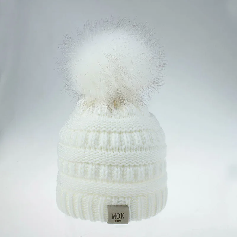 XCQGH/Детские вязаные шерстяные шапки для мальчиков и девочек; зимняя Милая шапка с большим меховым помпоном; Разноцветные детские шапки - Color: White
