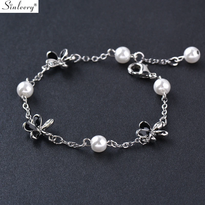 SINLEERY очаровательный черный эмалированный браслет-цепочка с цветами для женщин Серебряный цвет жемчуг красивые браслеты, свадебные украшения SL039 SSH