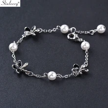 SINLEERY очаровательный черный эмалированный браслет-цепочка с цветами для женщин Серебряный цвет жемчуг красивые браслеты, свадебные украшения SL039 SSH
