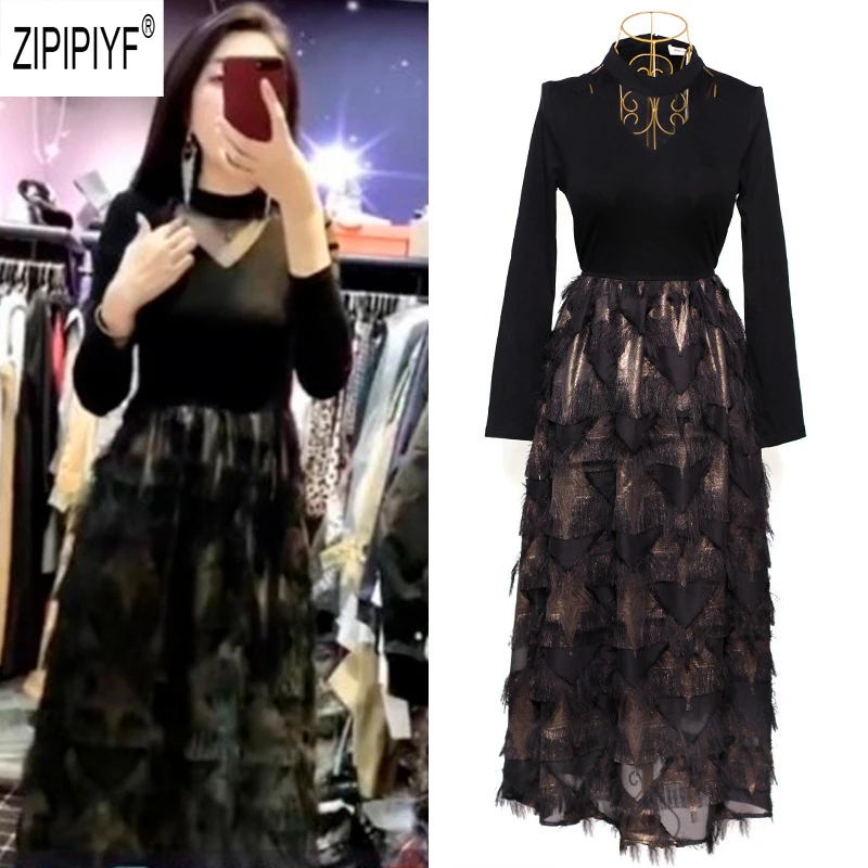 Autumn Fashion Women Dresses O Neck Hollow Out Long Sleeve Black Ball Gown Tassels Dresses Street Style Casual Dress Z2889