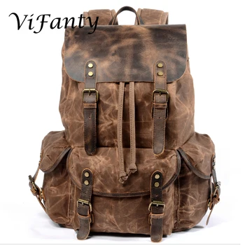 

Travel Backpack for Men & Women,Leather-Waxed Canvas Shoulder Rucksack, Vintage Style W Laptop Space & Multiple Pockets