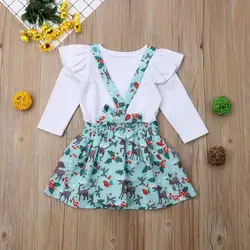 Комплект одежды из 2 предметов для маленьких девочек, белая футболка с длинными рукавами и юбка с цветочным рисунком, детская одежда для