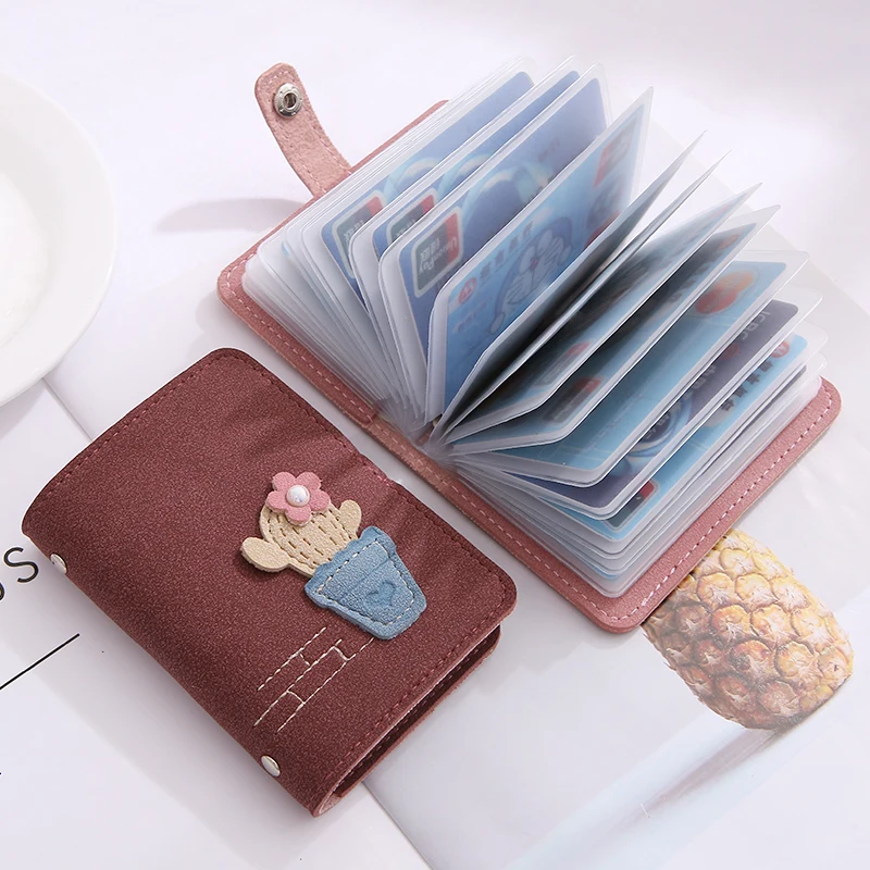 Cute Cactus Function 24 Bits Card Holder Case Bag New Top Matte Leather Women Girl Business Credit ID Passport Cover Card Wallet