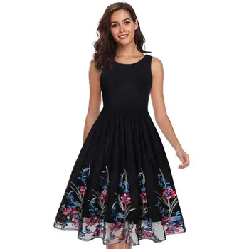

2020 Europe And America Hot Sale Sleeveless Midi Skirt Retro Print Big Swing Skirt Round Neck Lace Stitching Dress