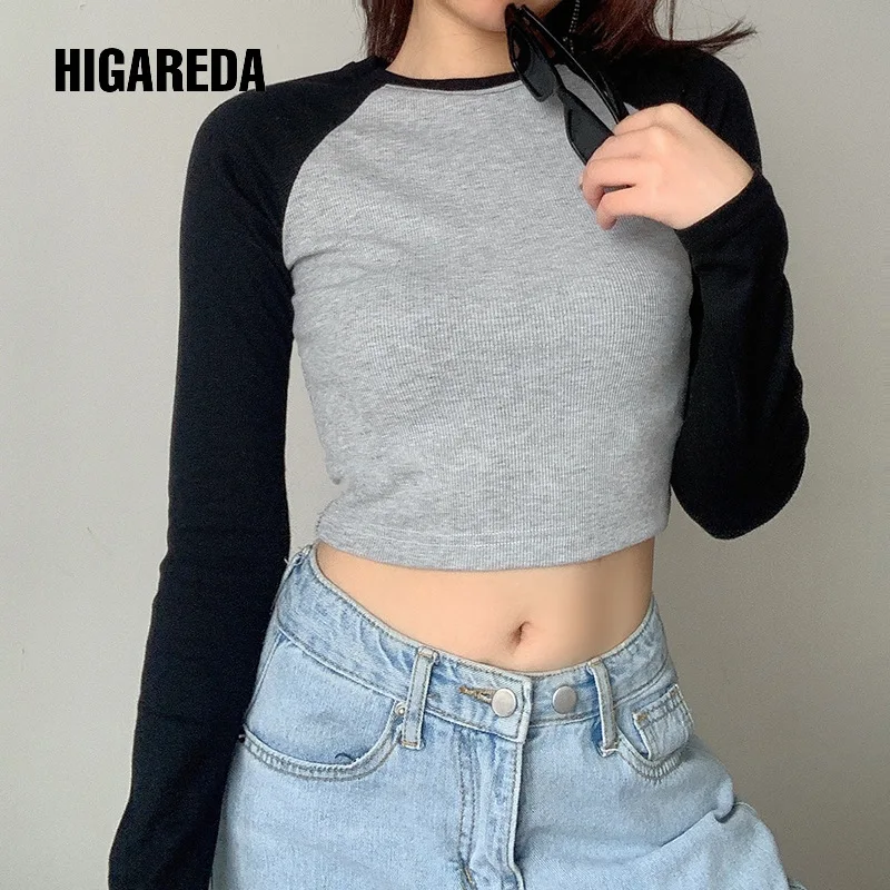 

HIGAREDA Casual Patchwork Long Sleeve Crop Top T Shirt Fashion Basic Cotton Tshirt Women Fashion Slim Korean Tee Shirt Femme