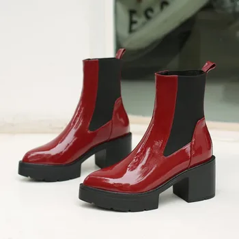 

Burgundy Shiny Leather Platform Ankle Boots Elastic Band Winter Black Heel Comfort Shoes Women