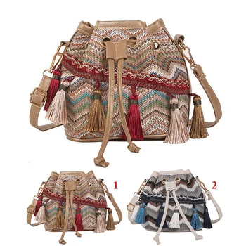 

New Fashion Small Women Shoulder Bag Drawstring Woven Ethnic Style Tassel Bucket Bag Messenger Crossbody Bags Purse