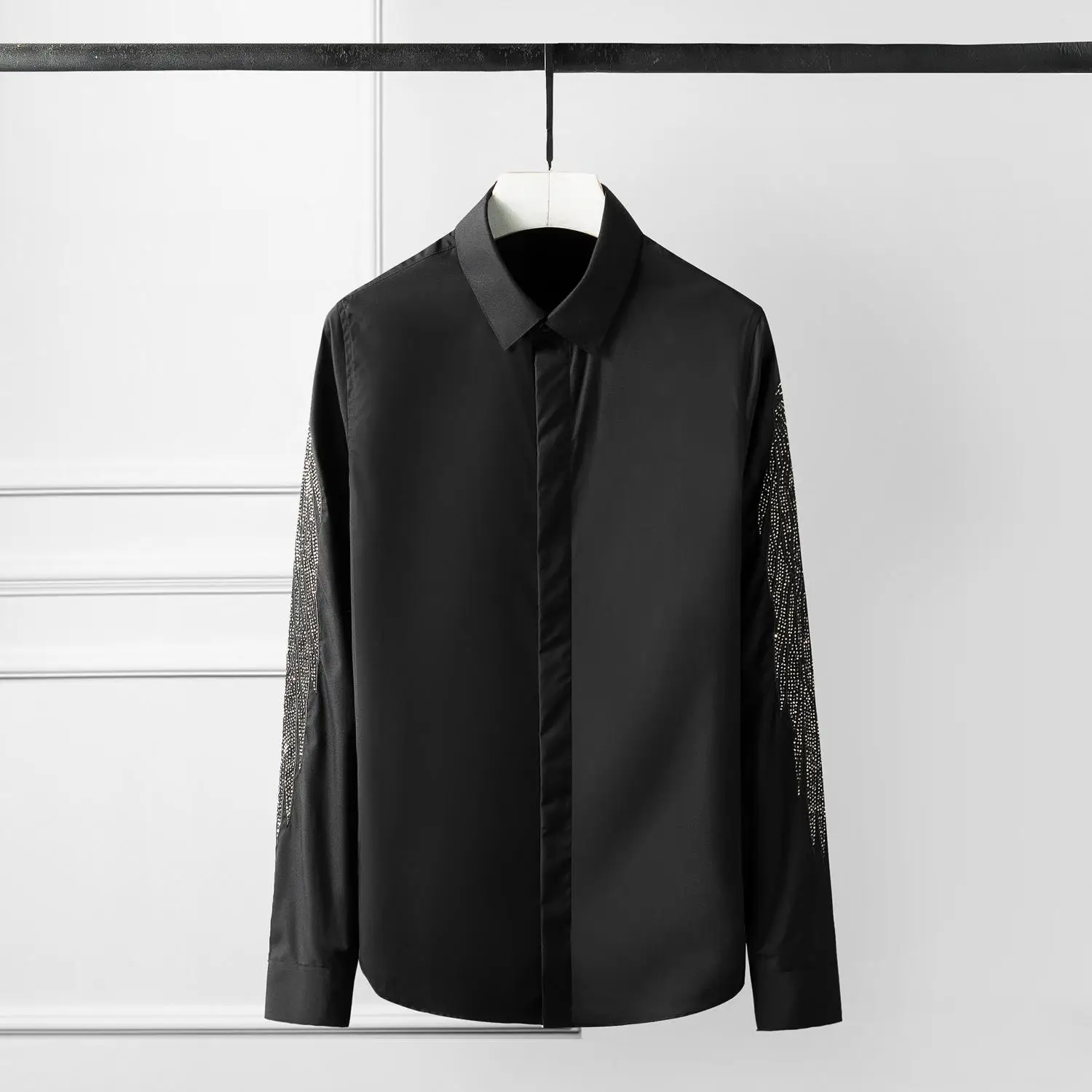 Minglu рубашки мужские размера плюс 4xl Роскошные Крылья орла Горячая дрель с длинным рукавом мужские рубашки модные тонкие повседневные мужские рубашки - Цвет: BLACK