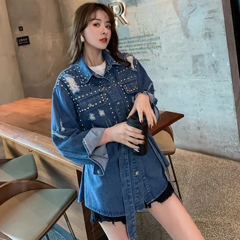 

2020 Spring New Style Slim Fit Industrial Riveting Nail Foam Beads Waistband with Holes Jeans Coat