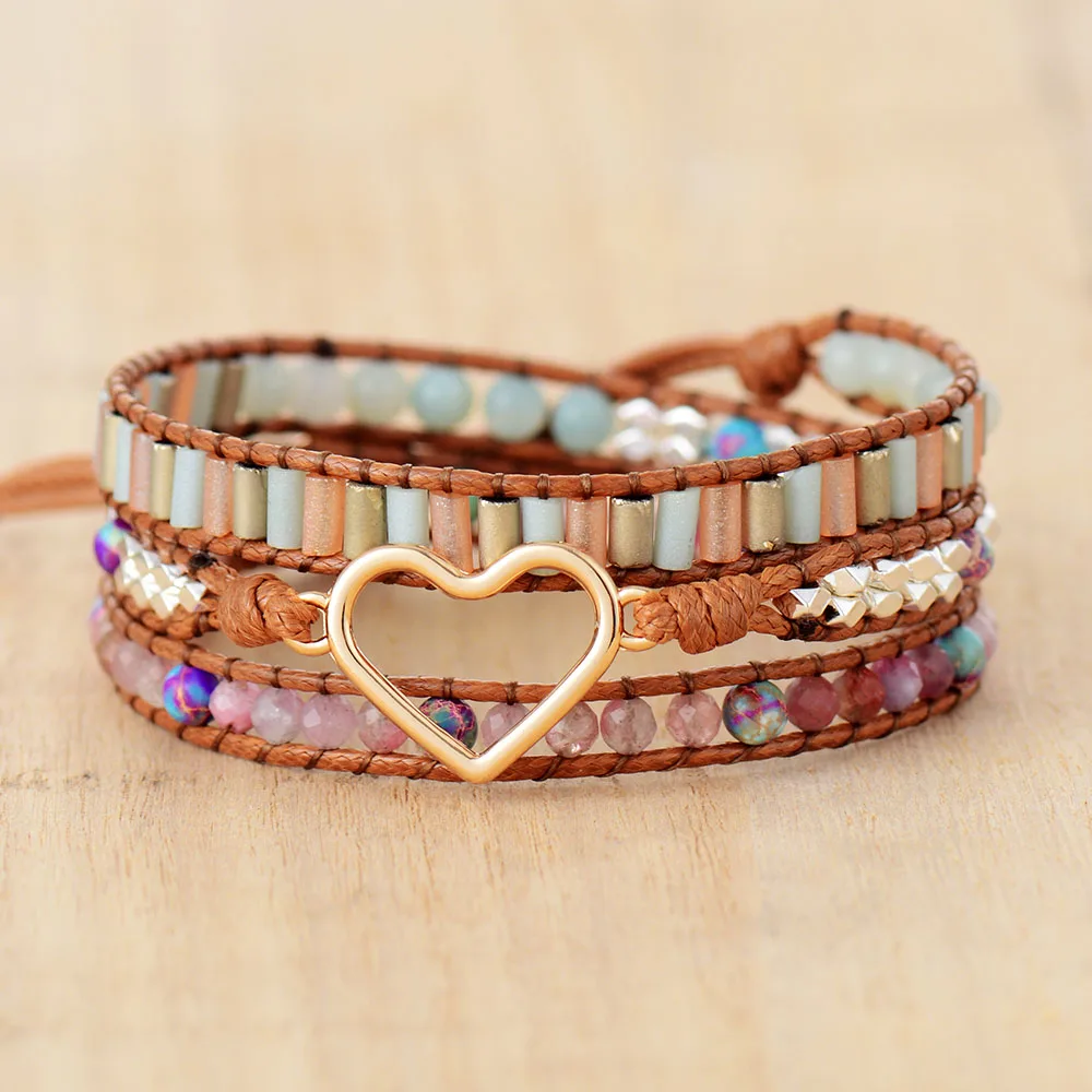 Heart Shape Wrap Bracelet W/ Stones Natural Tourmaline Crystal Weaving Statement Vegan Bracelet Bestfriend Sister Gifts