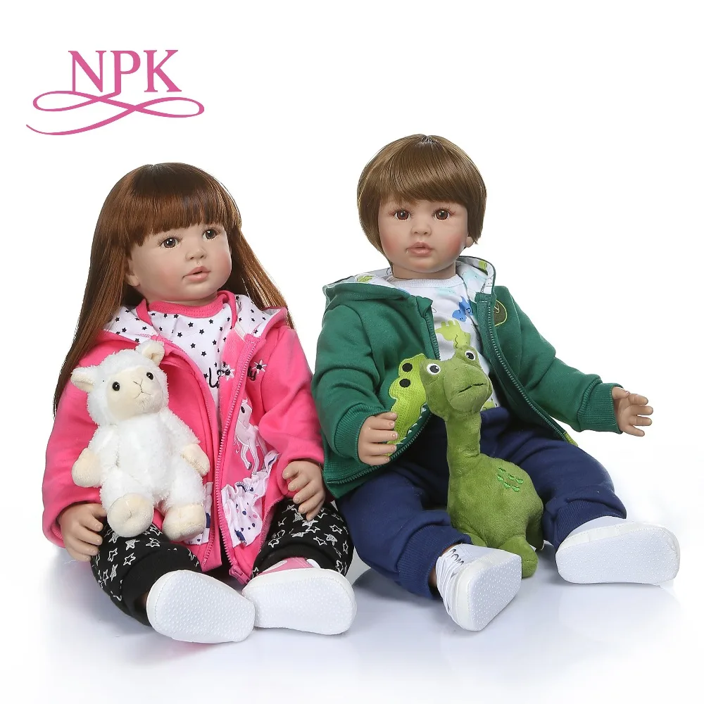 

NPK 60CM high quality soft silicone reborn toddler girl doll in hoodie dress doll reborn long hair doll 6-9M real baby size