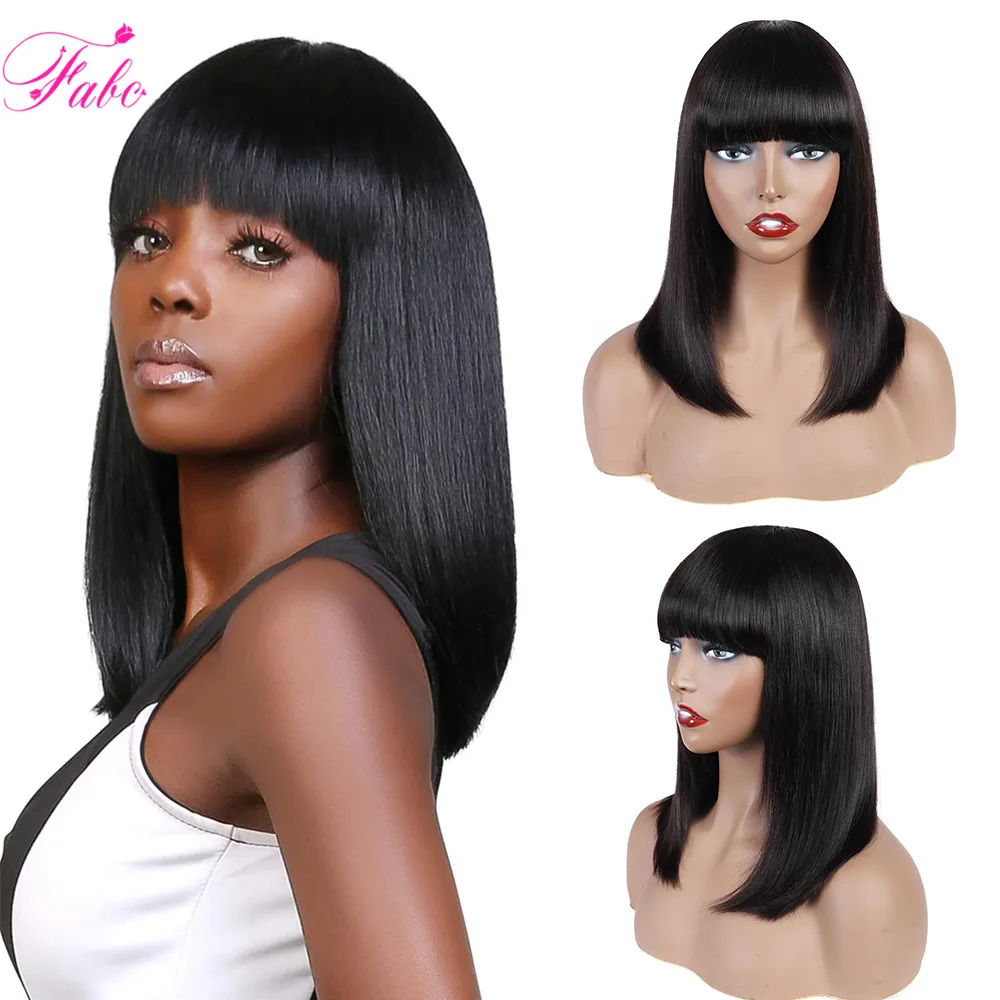 FABC-Peluca de cabello humano liso con flequillo para mujer, postizo de pelo corto peruano Remy, corte Bob, a máquina, 150%