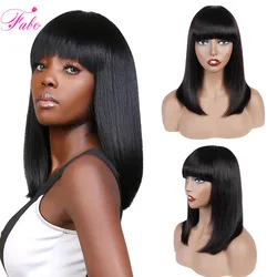 FABC-Peluca de cabello humano liso con flequillo para mujer, postizo de pelo corto peruano Remy, corte Bob, a máquina, 150%