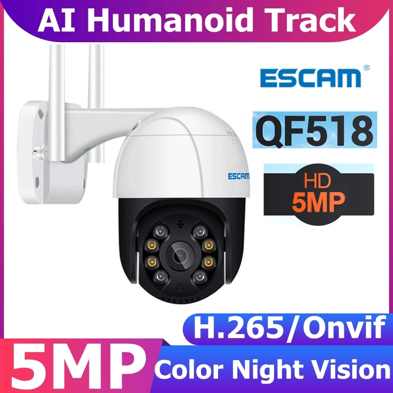 ESCAM QF518 5MP PTZ Wifi IP Camera AI Humanoid Detection Auto Tracking Outdoor Surveillance Security WiFi IP Camera Waterproof