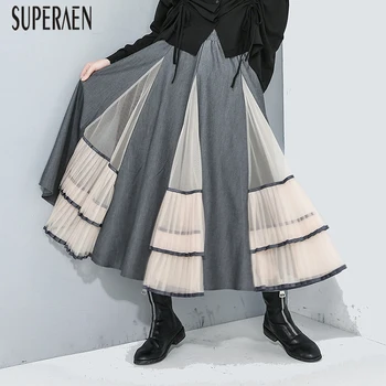 

SuperAen 2020 Spring New Elastic Waist Stitching Mesh Skirts Women Wild Casual Fashion Ladies Skirts Irregular Solid Color Skirt