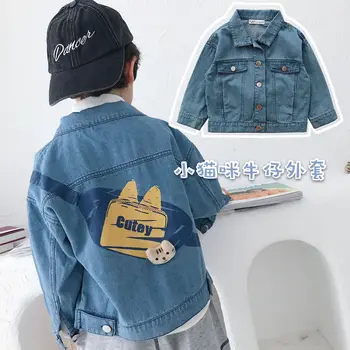 

kids outweater coat 2020 Fall new fashion coat Light blue denim jacket Cute cat pattern boys clothes girls tops