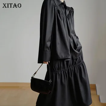 

XITAO Wrinkle Button Solid Shirt Women 2020 Winter Casual Fashion New Style Temperament All Match Turn Down Collar Blouse ZY2192