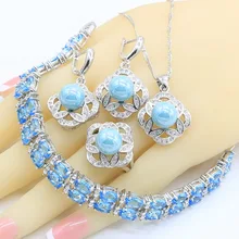 Синий жемчуг 925 Серебряные Ювелирные наборы для женщин голубые циркониевые браслет серьги ожерелье кулон кольца Подарочная коробка для ювелирных изделий