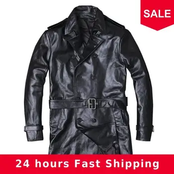 

2020 Black Men Long Casual Leather Jacket Double Breasted Plus Size XXXL Genuine Cowhide Russian Style Leather Coat