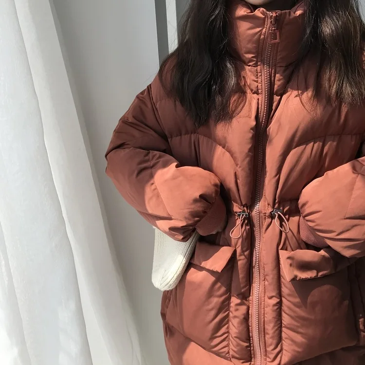 2019 женское плотное зимнее пальто со шнуровкой на талии Женская куртка стоячим