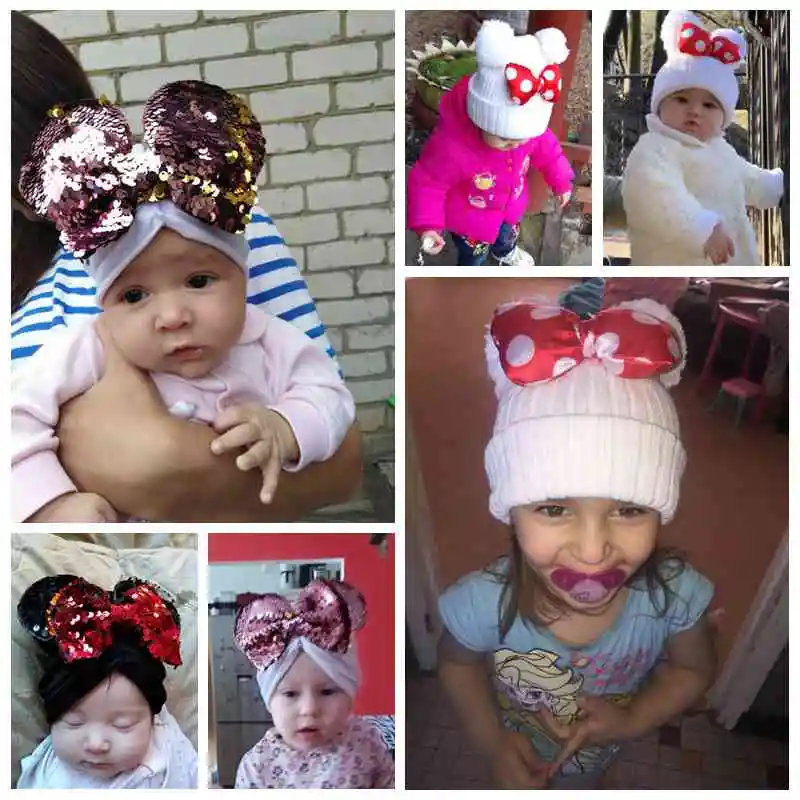 Winter Children Big Bowknot Hat Baby Cap Thick Warm Knitting Cotton Beanie Kids Girls Cartoon Cute Dot Bow Caps Bonnet