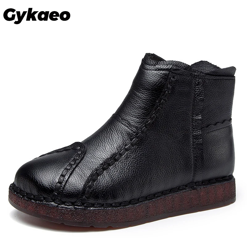 

Gykaeo Comfortable Flat Women Genuine Leather Boots Winter Cowhide Warm Shoes Hand Sewn Mother Platform Boots Chaussures Femme