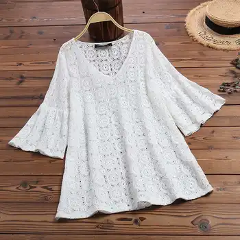 

Fashion Solid Tunic Women's Lace Blouse 2020 ZANZEA Bohemain V Neck Blusas Summer Tops Female Casual Flare Sleeve Shirts Chemise