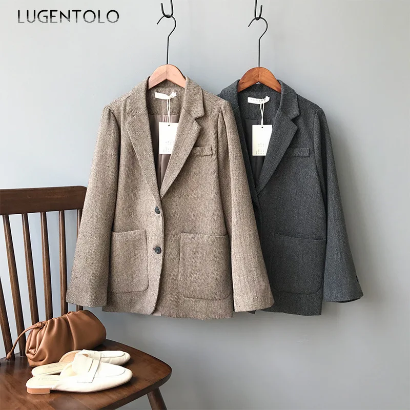 Lugentolo женские блейзеры новые осенние свободные костюмы с узором в елочку винтажные однобортные корейские повседневные женские блейзеры с длинным рукавом