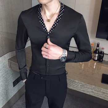 

2020 Spring Casual Shirt Men Long Sleeve V-neck Slim Fit Shirts Men Dress Nightclub Party Streetwear Social Top Camisa Masculina