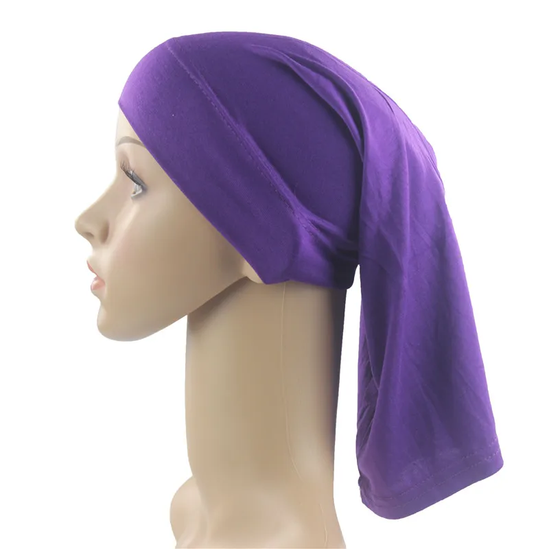 Мусульманский женский хлопковый шарф для девочек, длинные внутренние шапочки под хиджаб, исламский хиджаб, головной убор, сплошной цвет, очень мягкий стрейч - Цвет: Purple
