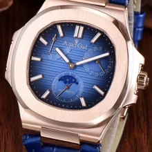 Роскошные брендовые новые Автоматические Мужские механические часы Сапфировое розовое золото прозрачный кожаный MoonPhase часы черный синий Daydate AAA