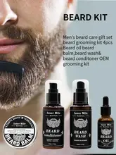 4pcs Set Natural Beard Grooming Kit Fragrant Healthy Growth Beard Care Kit Beard Balm Beard Wash Beard Oil Beard Conditioner Set