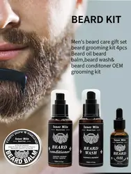 4pcs Set Natural Beard Grooming Kit Fragrant Healthy Growth Beard Care Kit Beard Balm Beard Wash Beard Oil Beard Conditioner Set