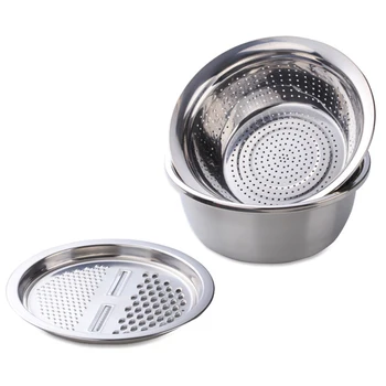 

3 In 1 Stainless Steel Basin Multifunctional Vegetable Fruits Julienne Slicer Colander Strainer Kitchen Drain Basin Serving Bowl