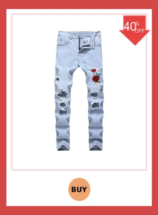 Mens Ripped Jeans Embroidery Rose Men 