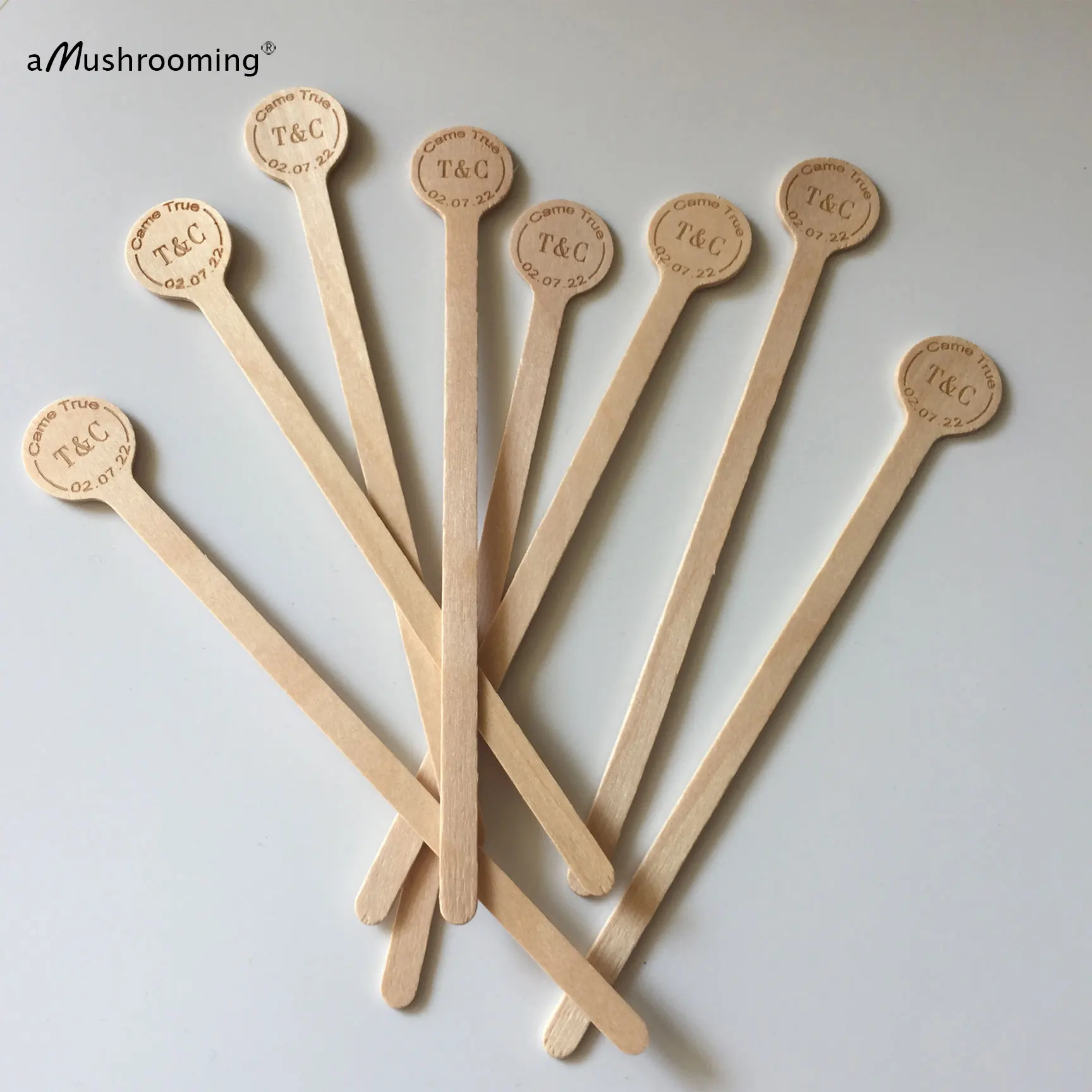 Eco Wedding Cocktail Party Decorations Biodegradable Round Wooden Coffee Drink Stirrer Stick with Personalized Initials and Date