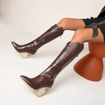 

Band designer faux leather ladies knee high boots square toe boots ladies long thin block high heel boots black