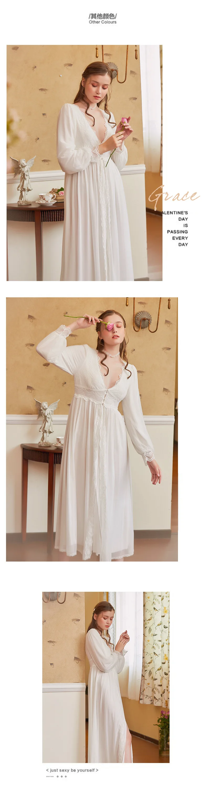 Осенняя новая ночная рубашка Женская хлопковая с длинным рукавом глубокий v-образный вырез Сексуальная Милая Кружевная Ретро ночная рубашка принцессы